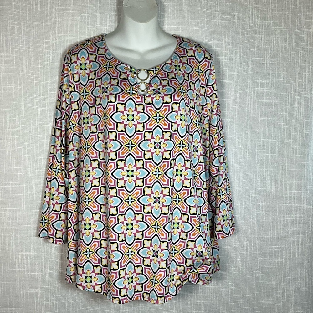 Ruby Rd. Blouse Size 2X Multicolor Geometric Print  3/4 Sleeves